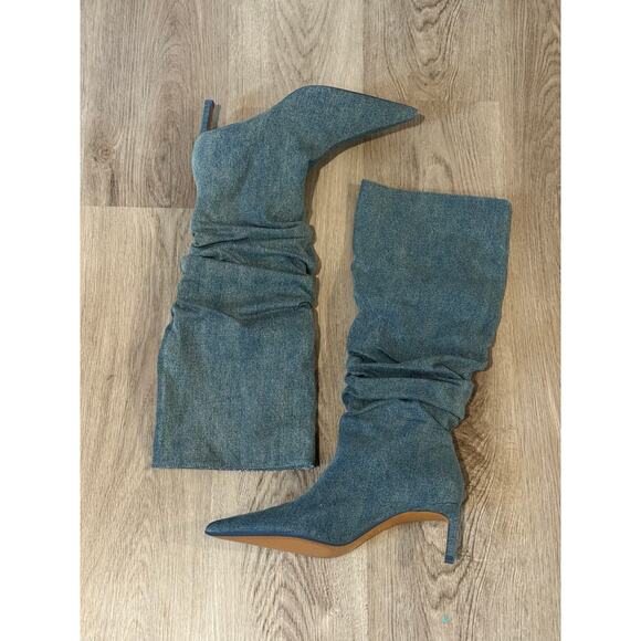 ZARA Slouchy Denim Kitten Heel Boots Size 8.5 – Pointed Toe Mid-Calf Booties - Picture 2 of 10